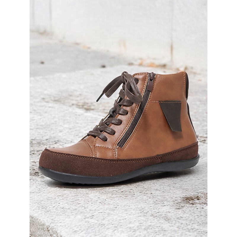 Women's Brown Lace-Up Ankle Boots with Side Zipper - Casual Faux Leather Design, Comfortable Sole, Perfect for Fall and Winter Everyday Wear3