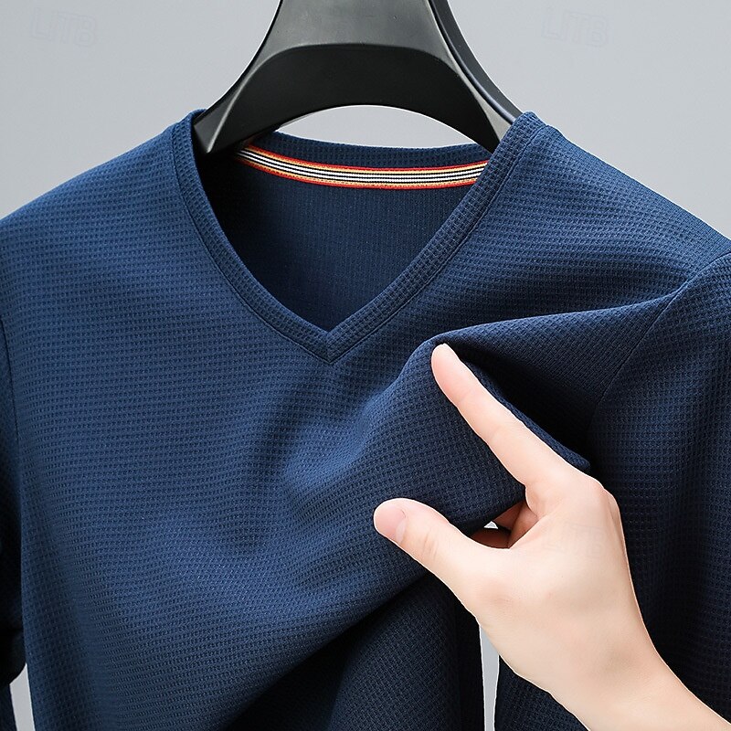Men's T Shirt Tee Waffle Knit Tee Long Sleeve V Neck Spring Fall Spring &  Fall Solid Color Knitwear Daily Classic Outdoor Causal Casual Black Burgundy Blue Top Tee for Men2