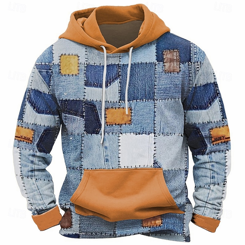 Men's Plaid Hoodies Sweatshirt Fashion Cool Long Sleeve Crew Neck Party Holiday Streetwear Blue Brown Drawstring Fall Winter Designer