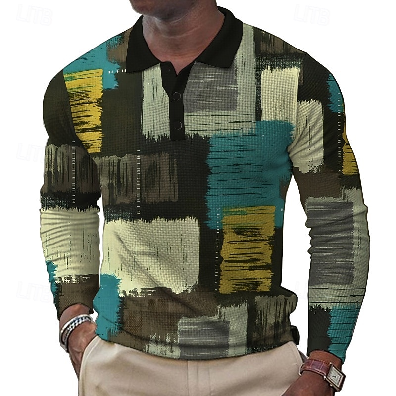 Men's Patchwork Waffle Polo Shirts Golf Shirt Long Sleeve Polo Shirts Collared Shirts Casual Formal Outdoor Dailywear Buttons 3D Print Spring Fall Winter Yellow Blue Purple