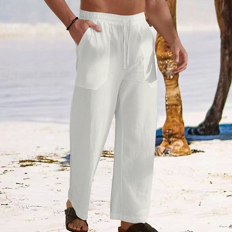 Men's Linen Pants Trousers Summer Pants Baggy Pants Beach Pants Drawstring Elastic Waist Straight Leg Plain Comfort Breathable Full Length Outdoor Daily Holiday Vacation Fashion Black White4