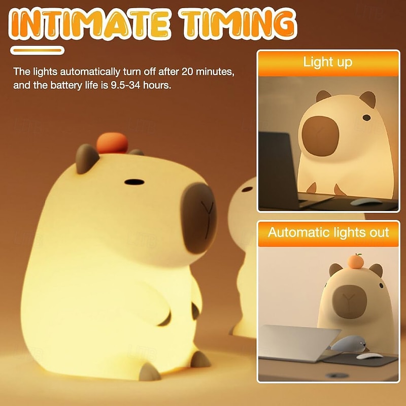 Cute Cartoon Capybara Silicone Night Light USB Rechargeable Timing Dimming Sleep Night Lamp for Children's Room Decor3