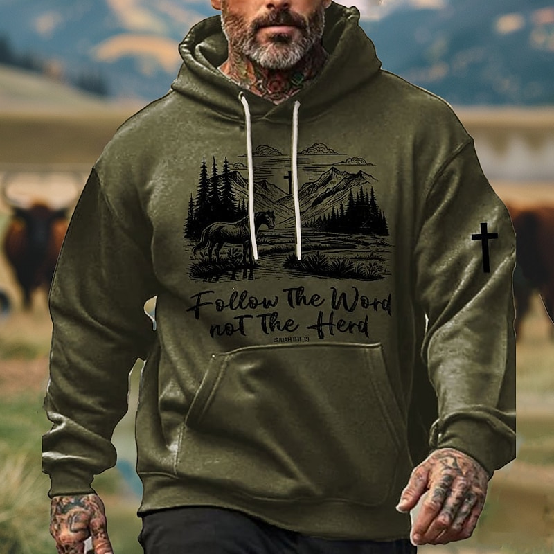 Men's Cowboy Hoodies Sweatshirt Ethnic Cowboy Long Sleeve Crew Neck Holiday Streetwear Black White Drawstring Fall Winter Designer4