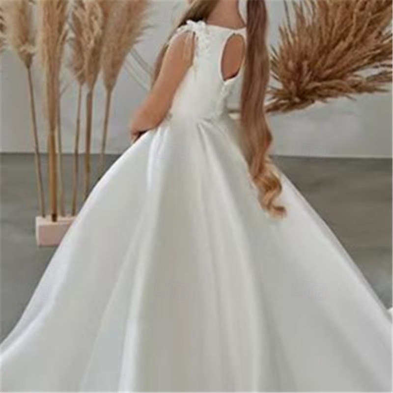 Flower Girl Dress Girls' First Communion Dress Party Dress Performance Wedding Party Princess Sweet Mesh Solid Color Sleeveless Crew Neck White 2-12 Years3