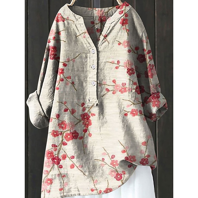 Women's Shirt Linen-Inspired Shirts Long Sleeve V Neck Red Green Gray Spring Fall
