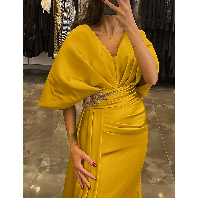 Sheath Evening Gown Elegant Dress Formal Sweep / Brush Train Half Sleeve V Neck Satin with Pleats Ruched Crystals
