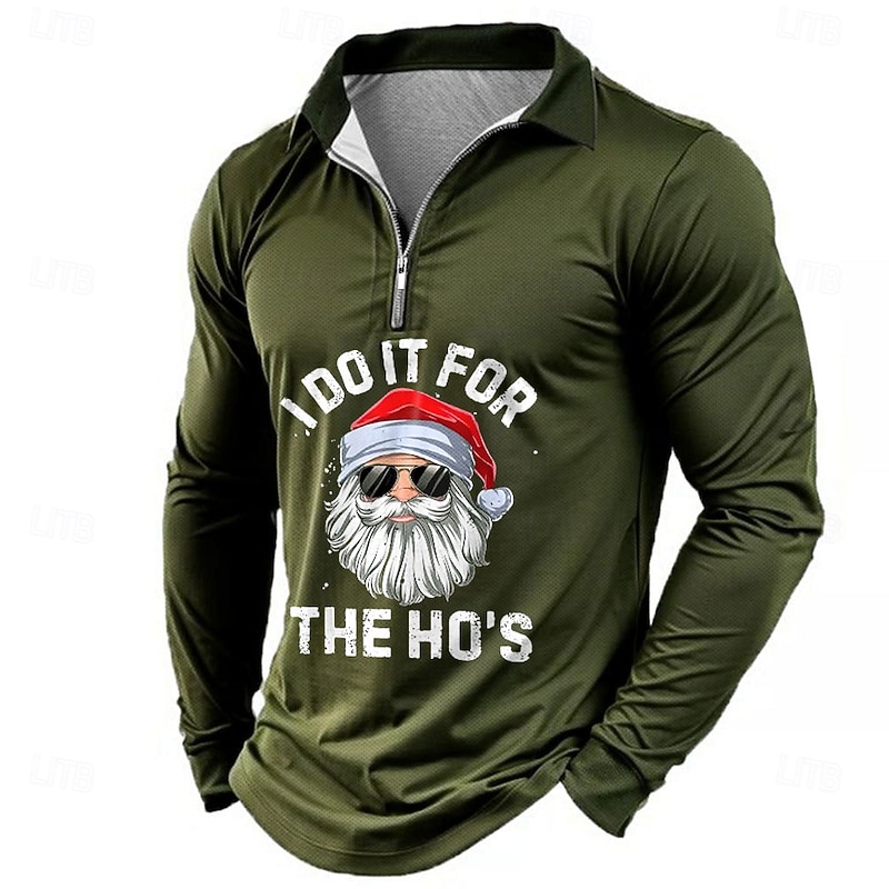 Christmas Men's Santa Claus Zip Polo Long Sleeve Polo Shirts Collar Business Casual Vacation Party Evening Wear New Years Eve Shirts 3D Print Spring Fall & Winter Black Wine Blue