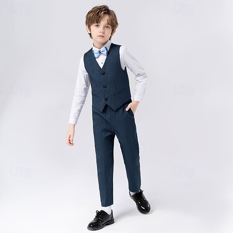 5 Pieces Ring Bearer Suit Boys Kids Suit Formal Suit Blazer & Vest & Pants & Brooch & Tie Formal Party Valentines Fashion Cool Solid Color Pocket Navy Blue Light Blue Polyester4