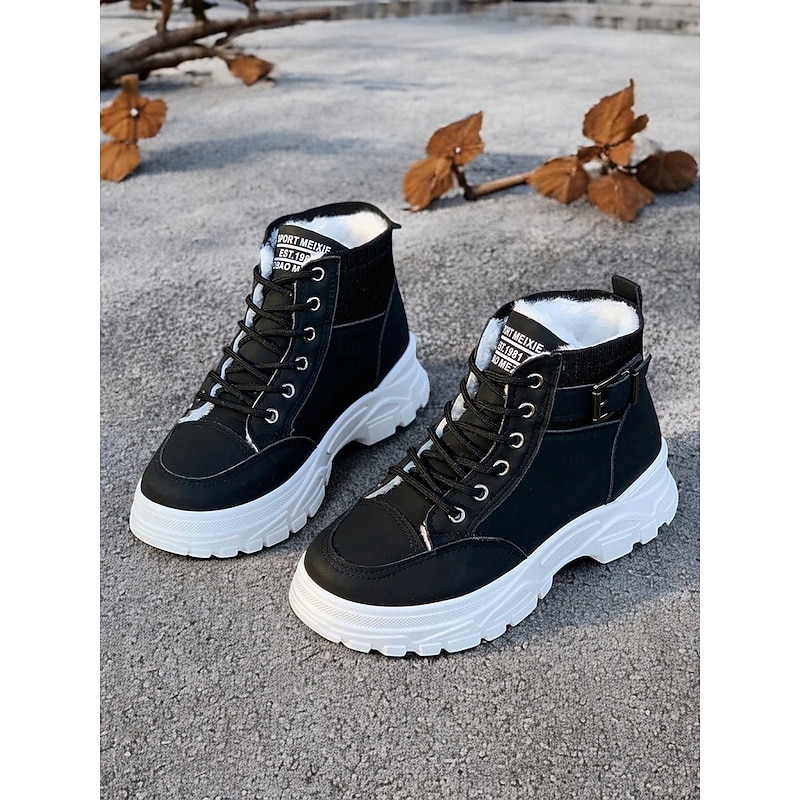 Women's Winter High-Top Sneakers with Fur Lining – Warm Lace-Up Ankle Boots with Chunky Sole and Buckle Detail for Casual Outdoor Wear2