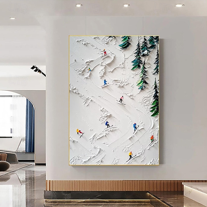 Handpaint 3D White Snowfield Skiing Canvas Hand Painting Original Skier Gift Personalized Winter Decor Textured Knife Painting Ski Art White Pine Frame Ready To Hang Or No Frame3