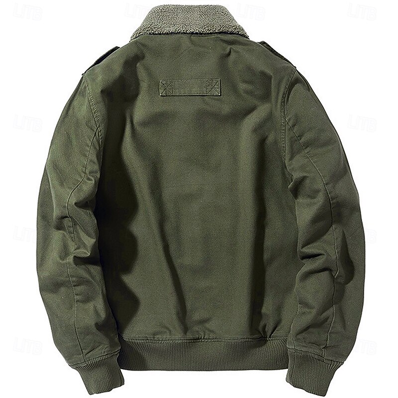 Men's Reindeer American US Flag Embroidered Fleece Jacket Cargo Jacket Long Sleeve Military Tactical Thermal Warm Coat Vintage Casual Style Cotton Bomber Jacket with Turn-down Collar khaki Army Green3