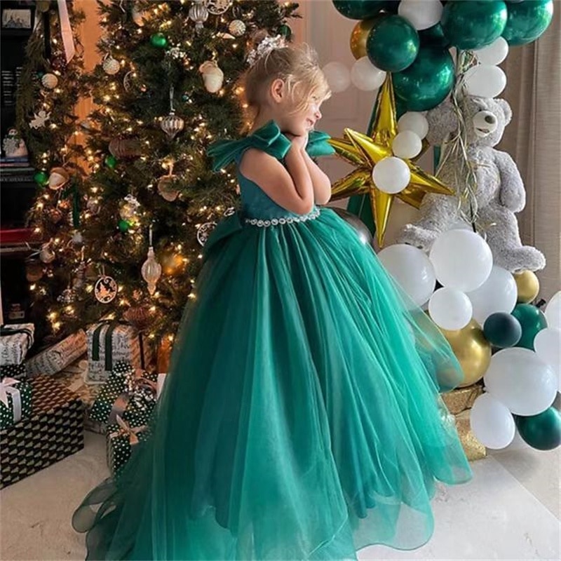 Kids Girls' Party Dress Solid Color Short Sleeve Performance Mesh Princess Sweet Mesh Mid-Calf Sheath Dress Tulle Dress Summer Spring Fall 2-12 Years Green4