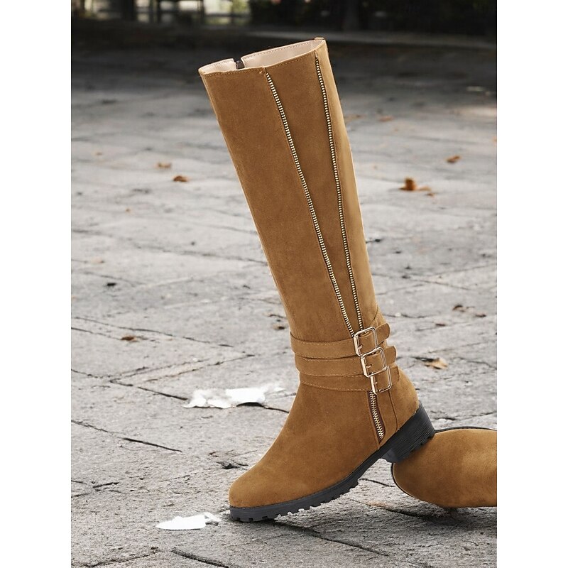 Women's Tall Tan Knee-High Boots with Double Buckle and Zipper Detail – Stylish and Durable Fall & Winter Footwear for Outdoor Wear2