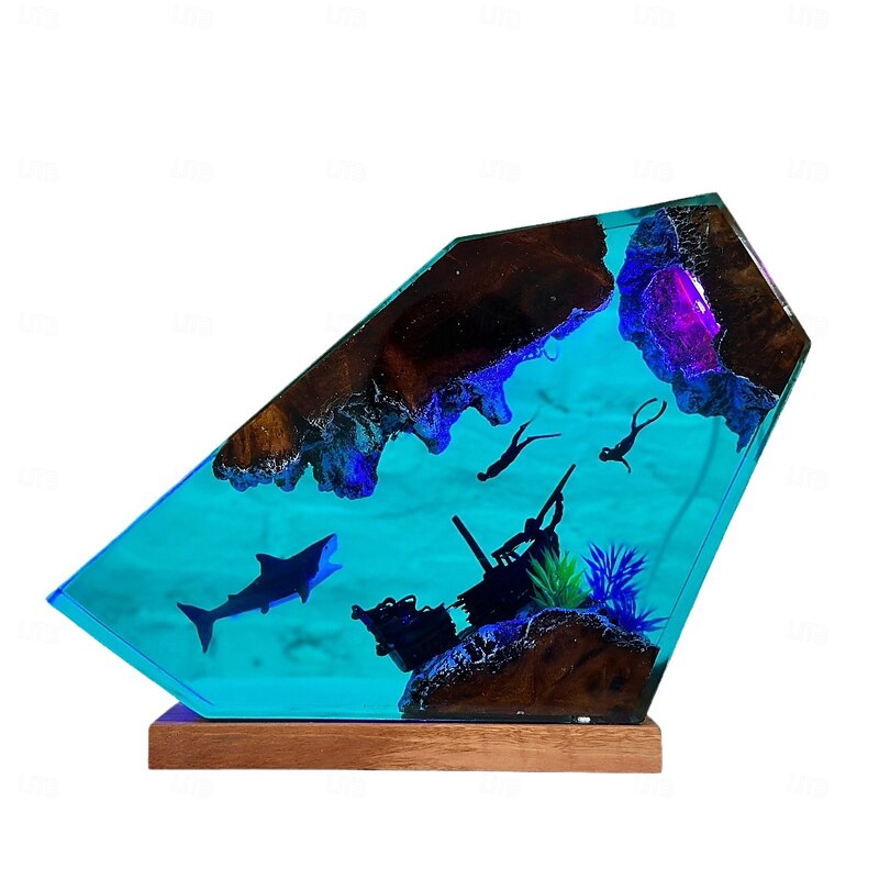 Handmade Ocean Resin Night Light, Great White Shark and Couple Diver Night Light, USB Wooden Table Lamp for Home & Office Decor, Unique Art Ornament & Christmas Gift2