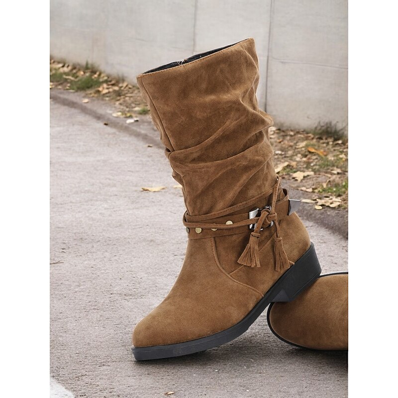Women's Slouchy Faux Suede Mid-Calf Boots with Studded Strap and Tassel Details – Casual Boho Style for Fall and Winter
