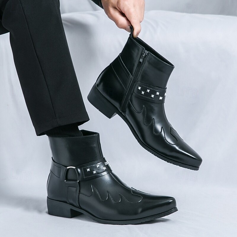 Men's Black Faux Leather Ankle Boots with Studded Strap and Unique Embroidery, Stylish Western Design, Perfect for Casual and Night Out Wear3