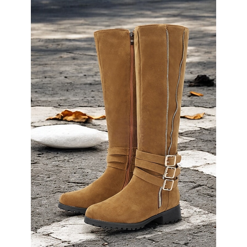Women's Tall Tan Knee-High Boots with Double Buckle and Zipper Detail – Stylish and Durable Fall & Winter Footwear for Outdoor Wear