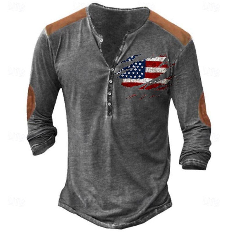 Men's Button T Shirt T Shirt Henley Shirt Tee Long Sleeve Henley Spring &  Fall National Flag Fashion Designer Printing Vacation Street Going out Dark Navy Light Grey Khaki Top Tee for Men4