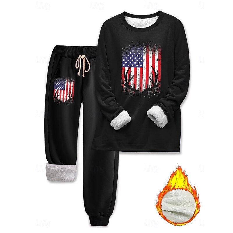 Women's Pajamas Set Fleece Lined 2 Pieces Sweatshirt Tracksuits Fleece Pants Long Sleeve Crew Neck Daily Graphic Drawstring Print Casual Black Red Gray Fall Regular Fit