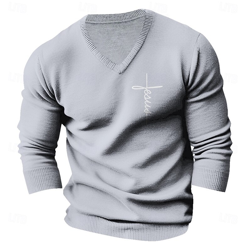 Men's Faith Pullover Sweater Jumper V Neck Casual Party Evening Wear Daily Embroidered Knitting Warm Long Sleeve Fall Winter Wine Black Dark Navy3