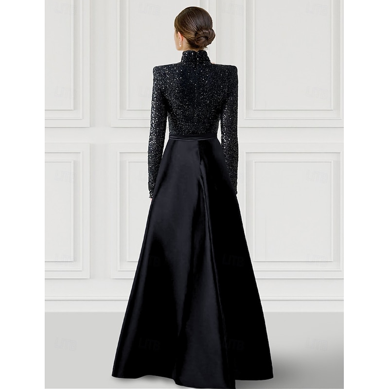 Black Tie Sheath Column Evening Gown Elegant Dress Carnival Formal Floor Length Long Sleeve High Neck Detachable Satin with Glitter Sequin2