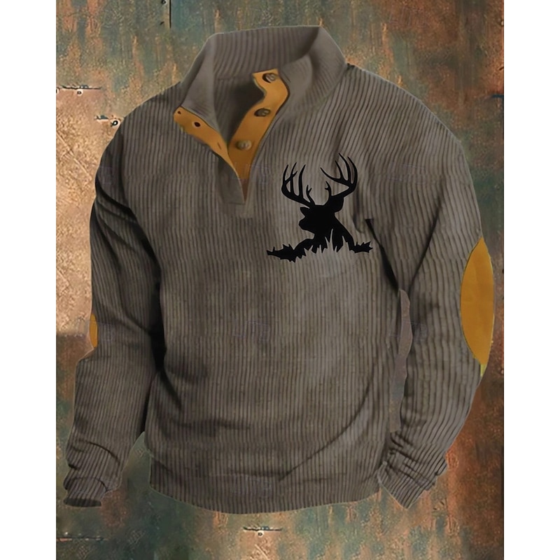 Men's Sweatshirt Black White Army Green Brown Khaki Standing Collar Color Block Reindeer Patchwork Sports & Outdoor Daily Holiday Polyester Corduroy Streetwear Basic Casual Spring &  Fall Clothing