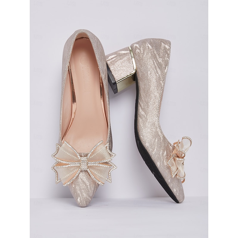 Women's Glitter Block Heels with Bow Rhinestone Accent – Elegant Party and Evening Shoes2