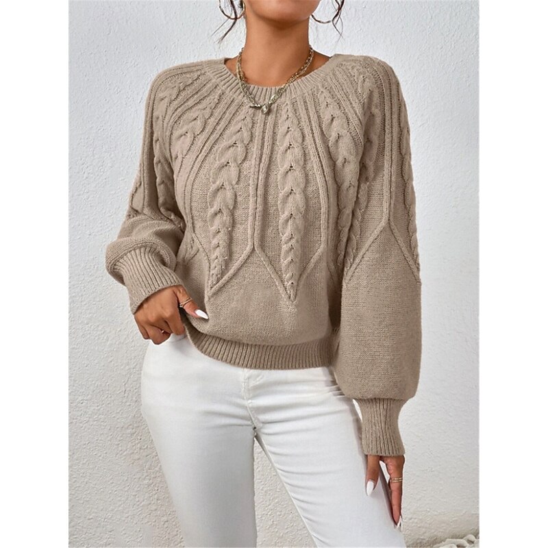 Women's Sweater Casual Soft Pure Color Cable Crew Neck Knitted Long Sleeve Regular Tops Knit Outdoor Daily Weekend Black White Fall Winter