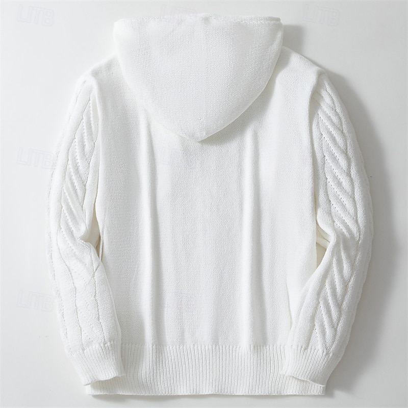 Men's Pullover Sweater Jumper Knit Sweater Ribbed Cable Knit Regular Buttons Drawstring Plain Hooded Fashion Basic Daily Wear Date Clothing Apparel Fall & Winter White M L XL4