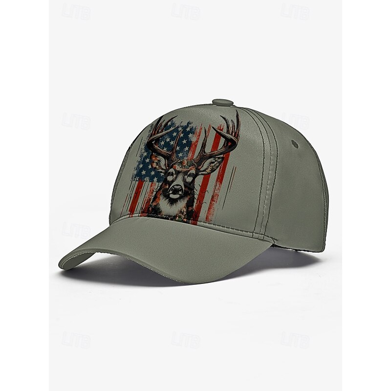 Men's Adjustable Baseball Cap with Patriotic Deer Print and American Flag Design - Outdoor Sports and Casual Wear Hat