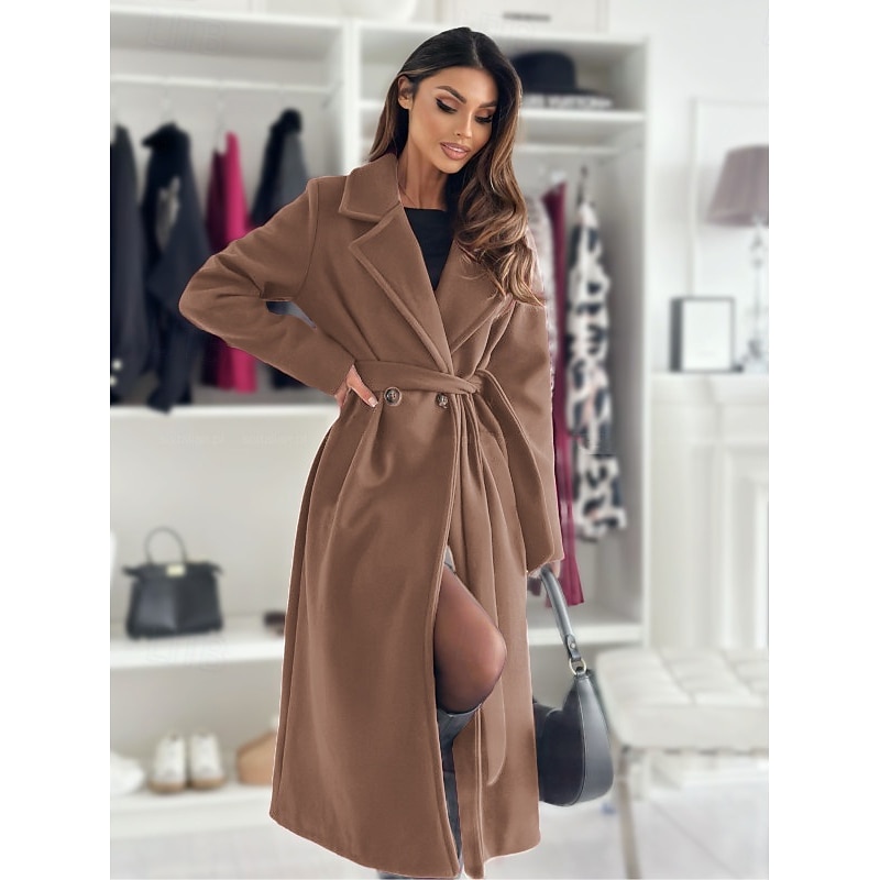 Women's Coat Warm Comfortable Buttons With Belt Elegant Solid Color Casual Daily Double Breasted Lapel Regular Fit Long Sleeve Outerwear Black White Wine Winter