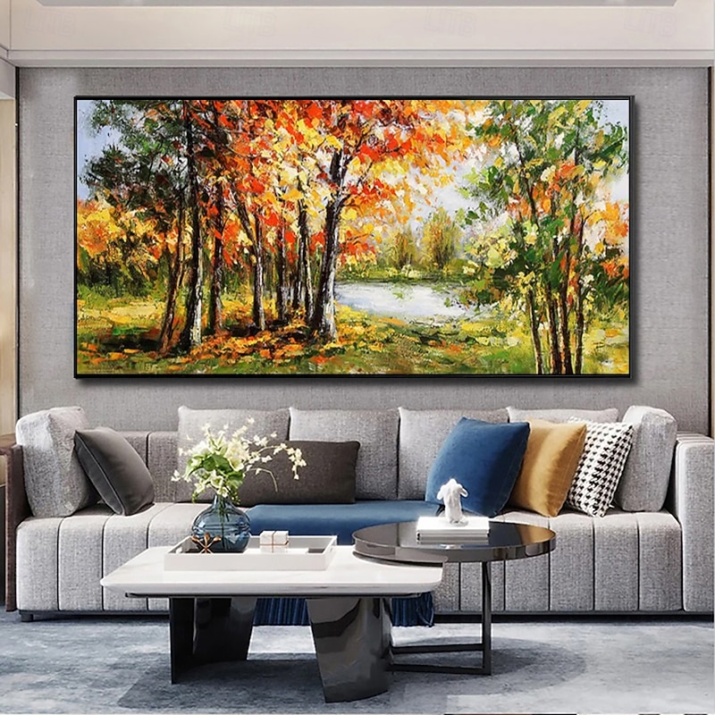 Handmade Oil Painting Canvas Wall Art Decoration Modern Beautiful Maple Forest Scenery for Living Room Home Decor Rolled Frameless Unstretched Painting
