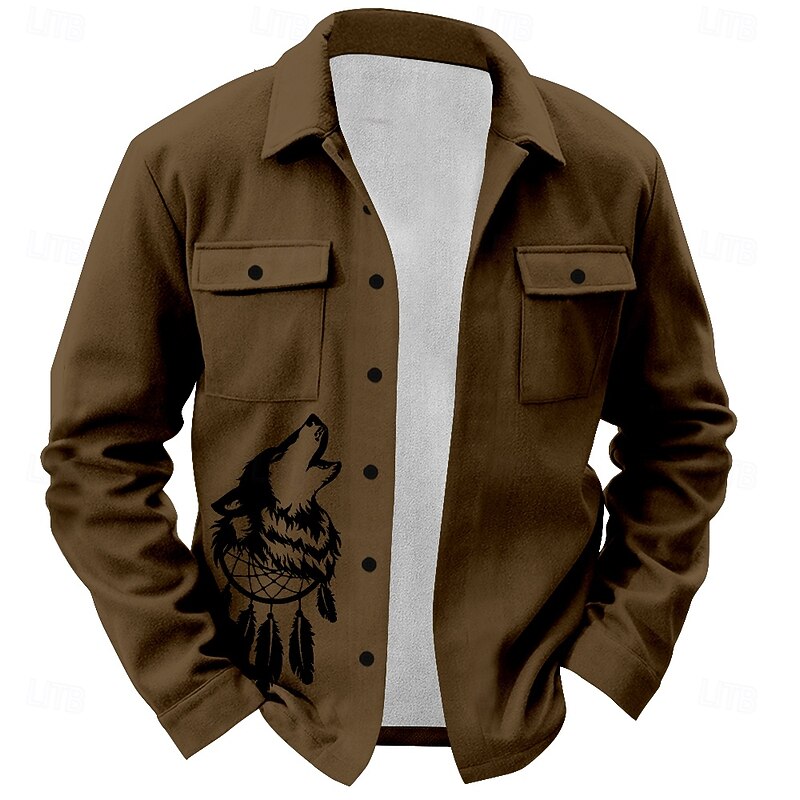 Men's Western Wolf Shirt Shirt Jacket Overshirt Long Sleeve Vintage Casual Daily Spring Fall Winter Collar Buttons Collared Shirts Blue Brown Green Beige Gray4
