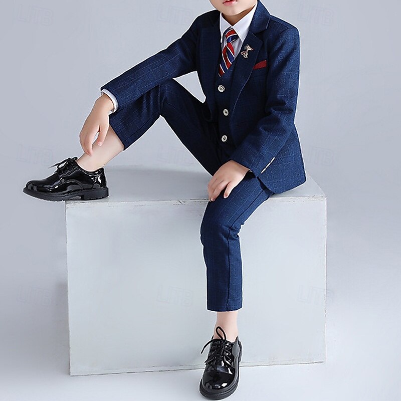 4 Pieces Ring Bearer Suit Boys Kids Suit Formal Suit Blazer & Vest & Pants & Brooch & Tie Formal Party Valentines Fashion Cool Plaid Pocket Blue Purple Polyester