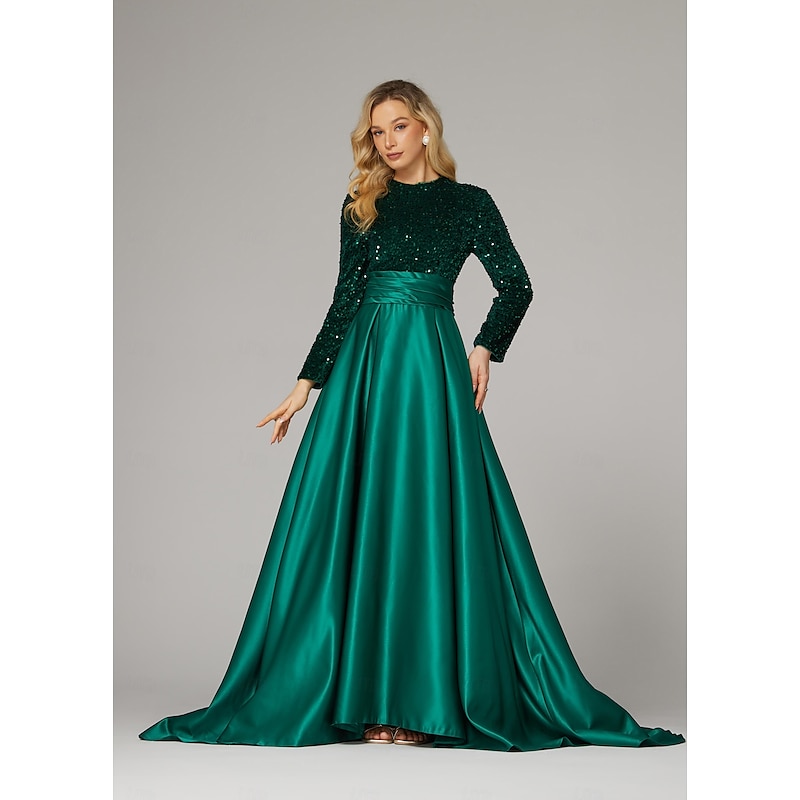 A-Line Evening Gown Elegant Dress Formal Cocktail Party Court Train Long Sleeve High Neck Fall Wedding Guest Satin with Sequin3