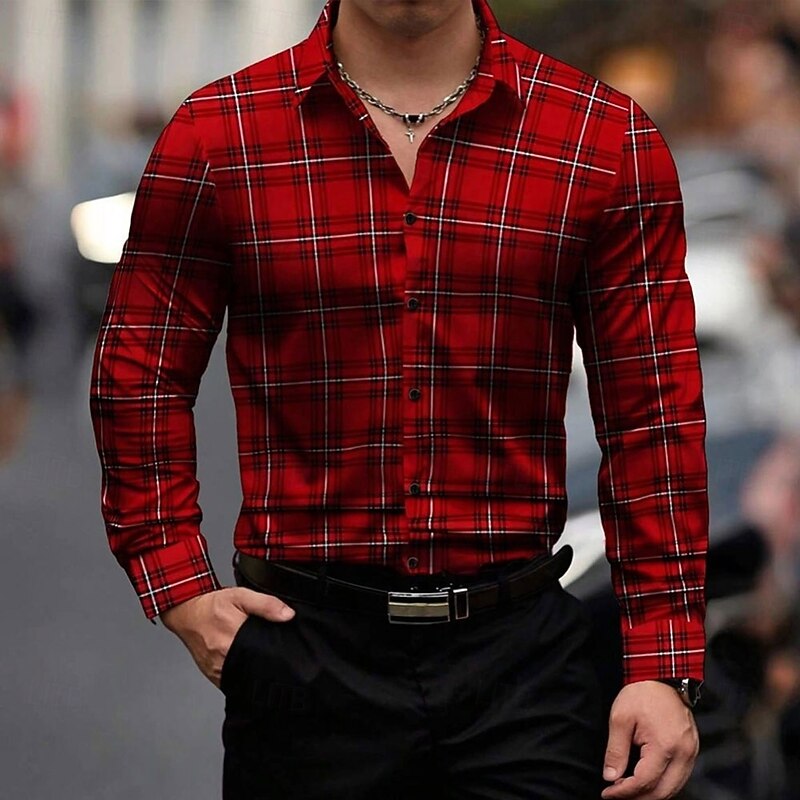 Men's Plaid Western Shirt Button Up Shirt Cowboy Shirt Long Sleeve Casual Outdoor Vacation Daily Fall Winter Spring & Summer Turndown Collared Shirts Button Up 3D Print Red