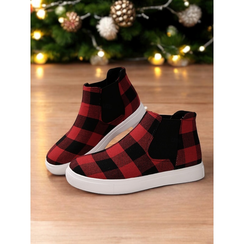 Women's Red Plaid Ankle Boots with Elastic Sides – Stylish Winter Slip-On Sneakers for Casual Holiday Wear