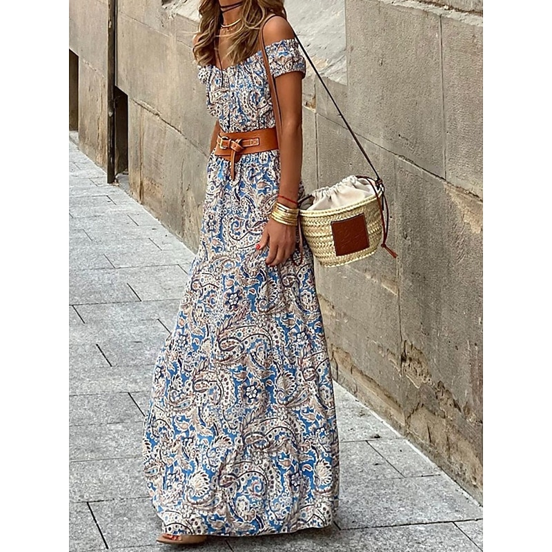 Women's Maxi Dress Casual Dress Swing Dress A Line Dress Boho Dress Bohemia Casual Daily Regular Fit Floral Short Sleeve Off Shoulder Blue Summer Spring Fall2