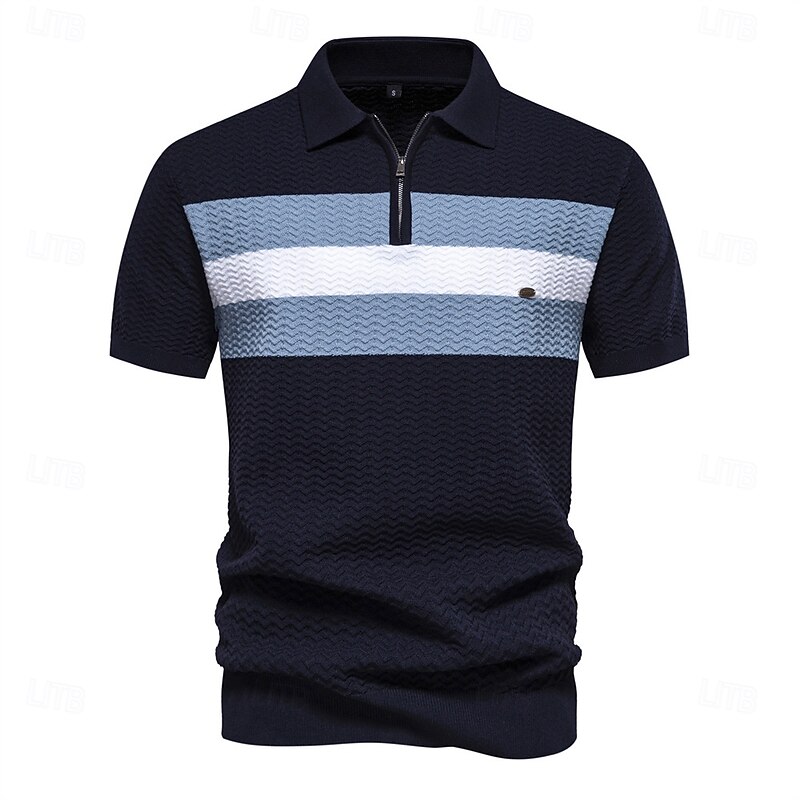 Men's Zip Polo Work Business Turndown Short Sleeve Color Block Zipper Summer Spring Fall Pearl White Black Navy Blue Zip Polo4