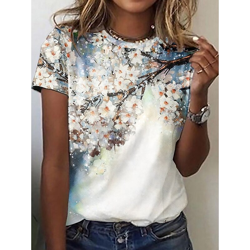 Women's T Shirt Floral Plants Casual Short Sleeve Round Neck Regular Tops Daily Print White Summer Spring