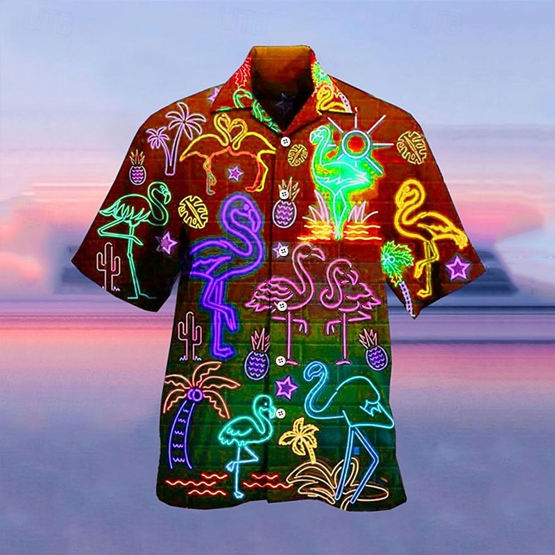 Men's Tropical Fluorescent Shirt Summer Hawaiian Shirt Camp Collar Shirt Short Sleeve Shirt Turndown Fashion Hawaiian Designer Street Casual Daily Yellow Red Light Purple 3D Print S M L3