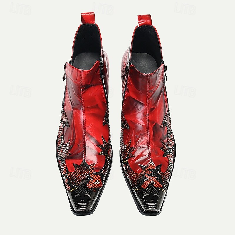 Men's Red Snake Pattern Ankle Boots with Zipper and Metal Toe – Premium Cowhide Leather Fashion Boots for Bold Style 5