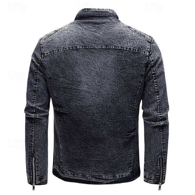Men's Lightweight Jacket Jean Jacket Denim Jacket Formal Home Windbreaker Zipper Spring Fall Winter Solid Color Fashion Stand Collar Regular Black Blue Jacket3