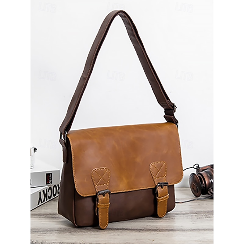 Men's Vintage Faux Leather Messenger Bag with Adjustable Strap – Durable Two-Tone Design for Work and Casual Use3