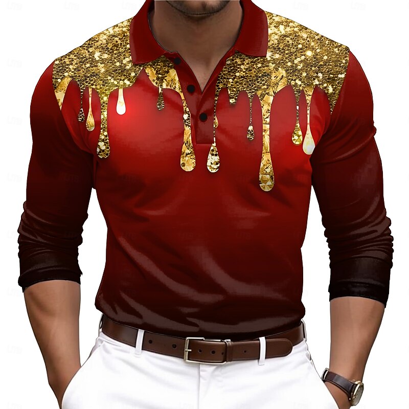 Men's Metal Finish 3D Digital Print Polo Shirts Golf Shirt Long Sleeve Polo Shirts Collared Shirts Casual Party Evening Wear Dailywear Outdoor clothing Buttons 3D Print Spring Fall Winter Red Blue