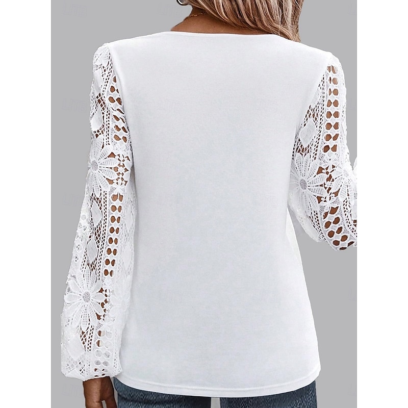 Women's White Elegant Lace Tops Eyelet Blouse Casual Solid Color Regular Tops Long Sleeve Asymmetrical Lace Patchwork Regular Fit Daily Black White Pink Romantic Petite Tops Summer Holiday Wear2