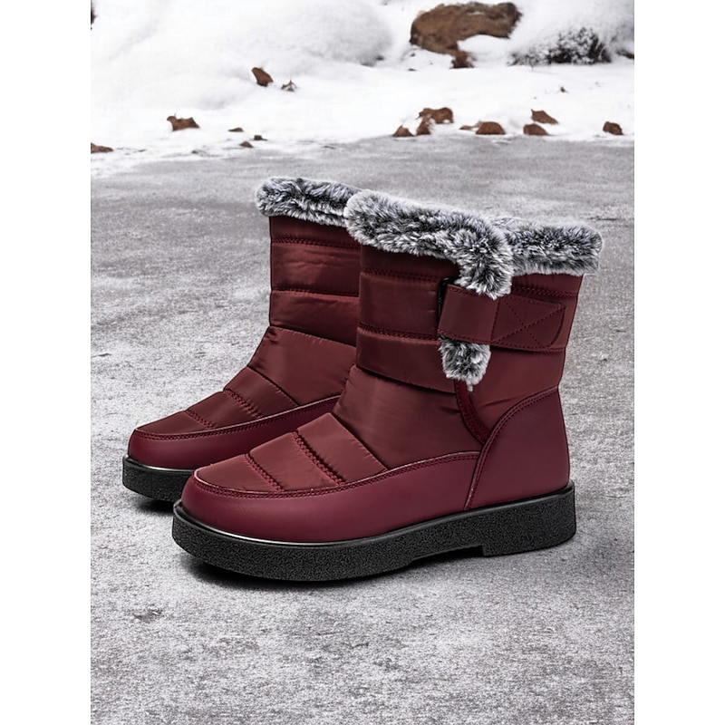 Women's Waterproof Winter Snow Boots - Burgundy Quilted Design with Faux Fur Lining and Adjustable Straps for Outdoor Cold Weather4