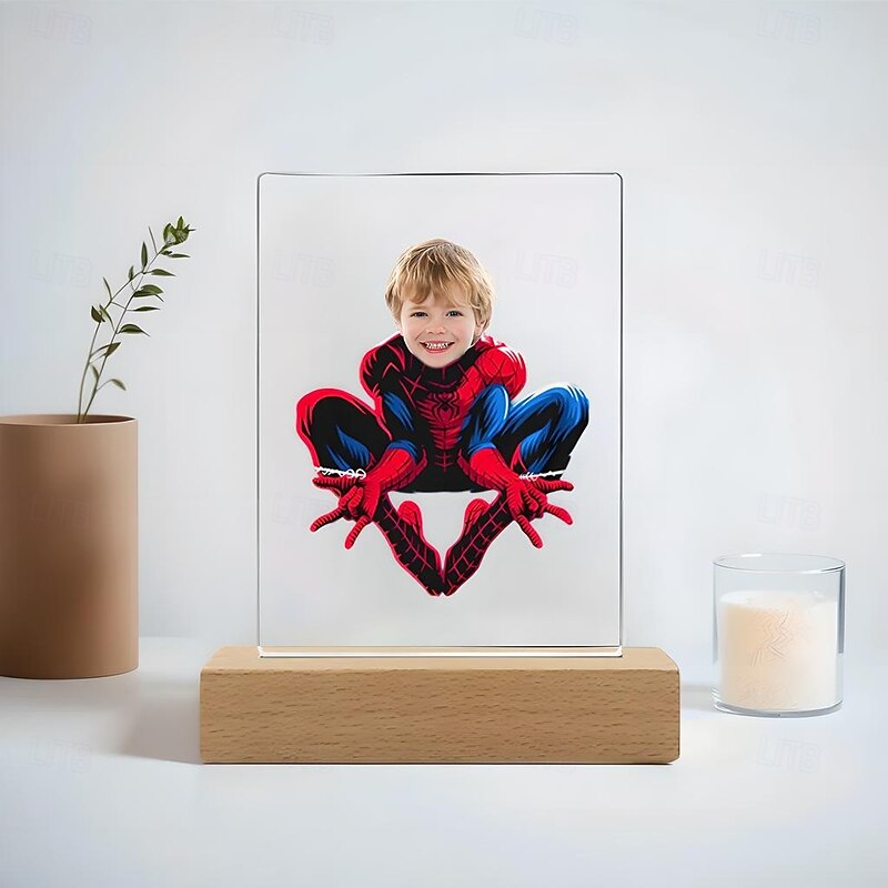Personalized Photo USB Night Light Acrylic Custom Spider Superhero Kid Face Night Light Christmas Decoration Gifts for Superhero Fans4