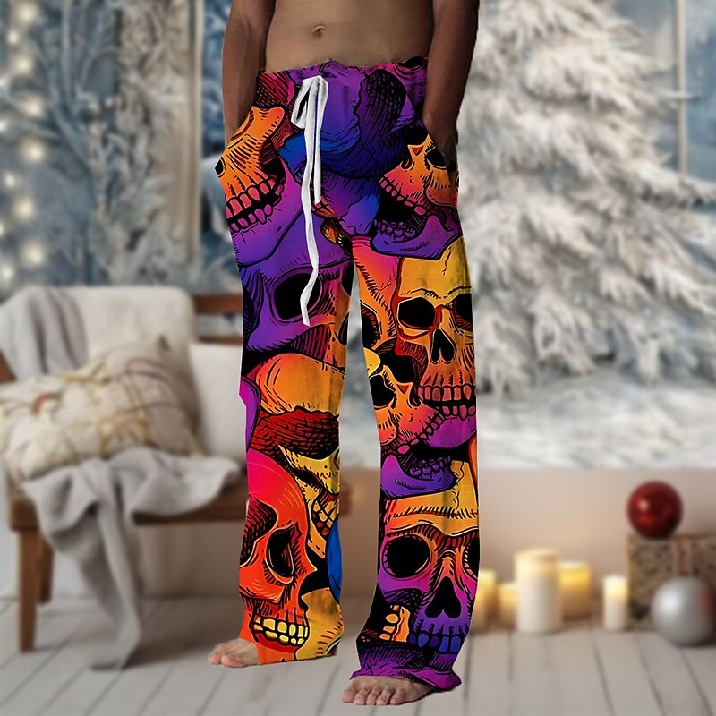 Men's Skulls Pants Trousers Mid Waist Drawstring Elastic Waist Casual Horror Outdoor Party Evening Wear Holiday Straight Leg Trousers Summer Spring Fall 3D Print Red Purple Green