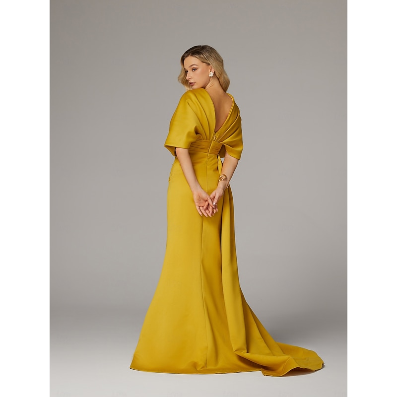 Sheath Evening Gown Elegant Dress Formal Sweep / Brush Train Half Sleeve Floor Length V Neck Satin with Pleats Ruched Crystals3